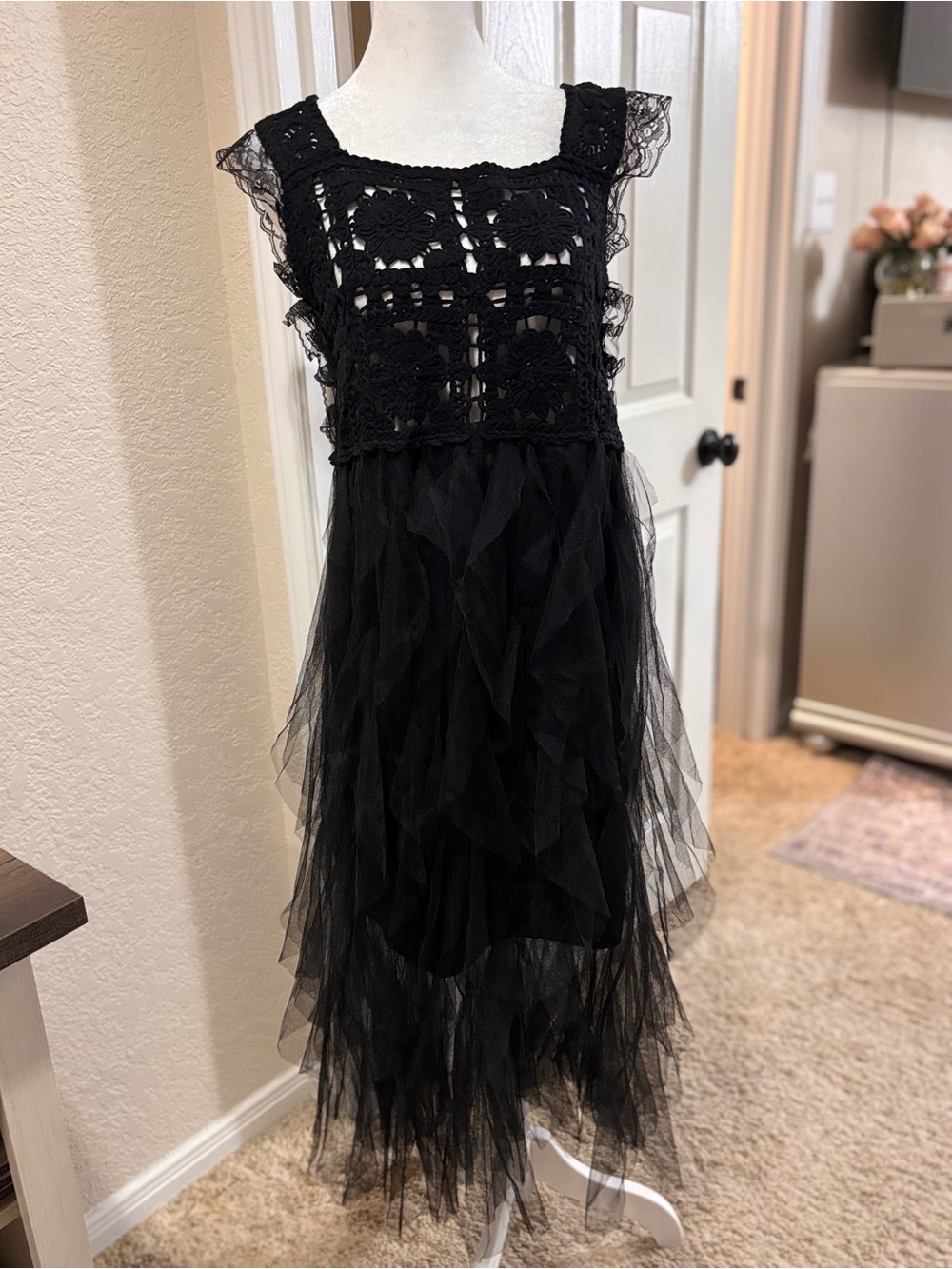POL Black Crochet Lace & Layered Tulle Formal Dress